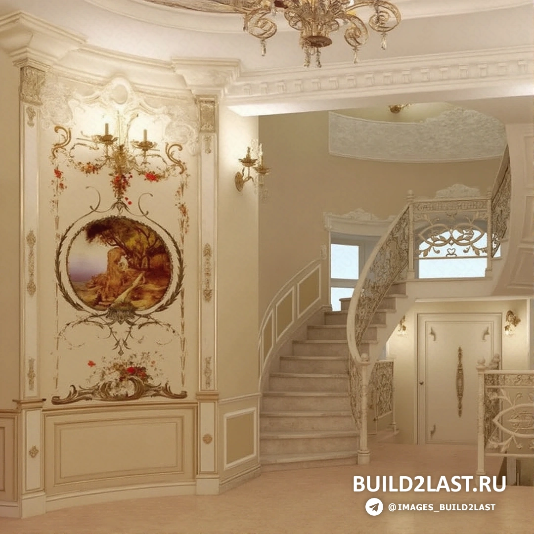 Декоративное панно и лестница с лепниной в холле, выполненные в классическом стиле.